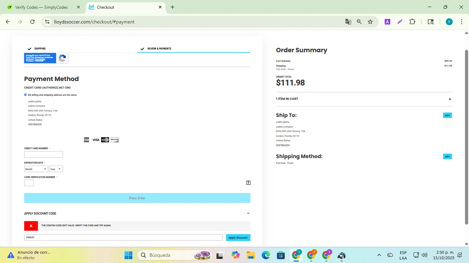 Lloyds Soccer Storefront promo code screenshot showing code FREE99 applied at Lloyds Soccer Storefront checkout page. Uploaded by SimplyCodes community member yadiracg074 on Oct 15, 2025