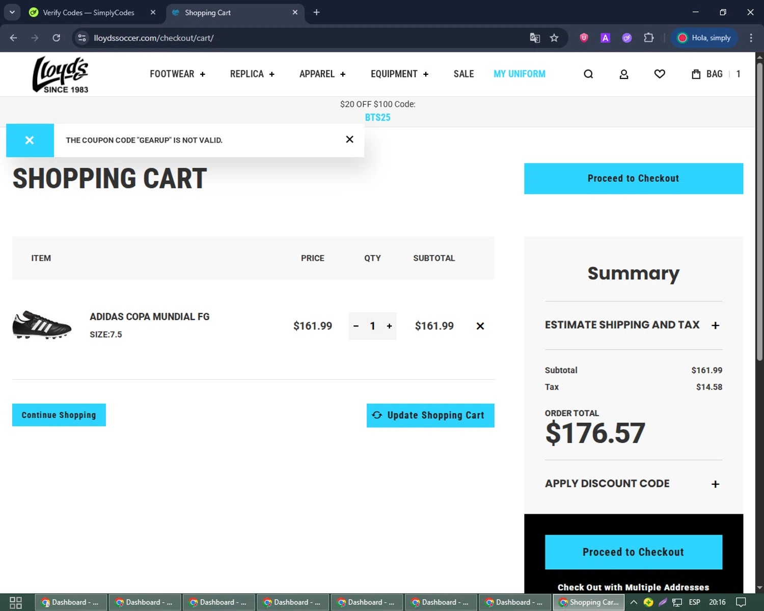 Lloyds Soccer Storefront promo code screenshot showing code GEARUP applied at Lloyds Soccer Storefront checkout page. Uploaded by SimplyCodes community member Joseph_Davis on Aug 12, 2025
