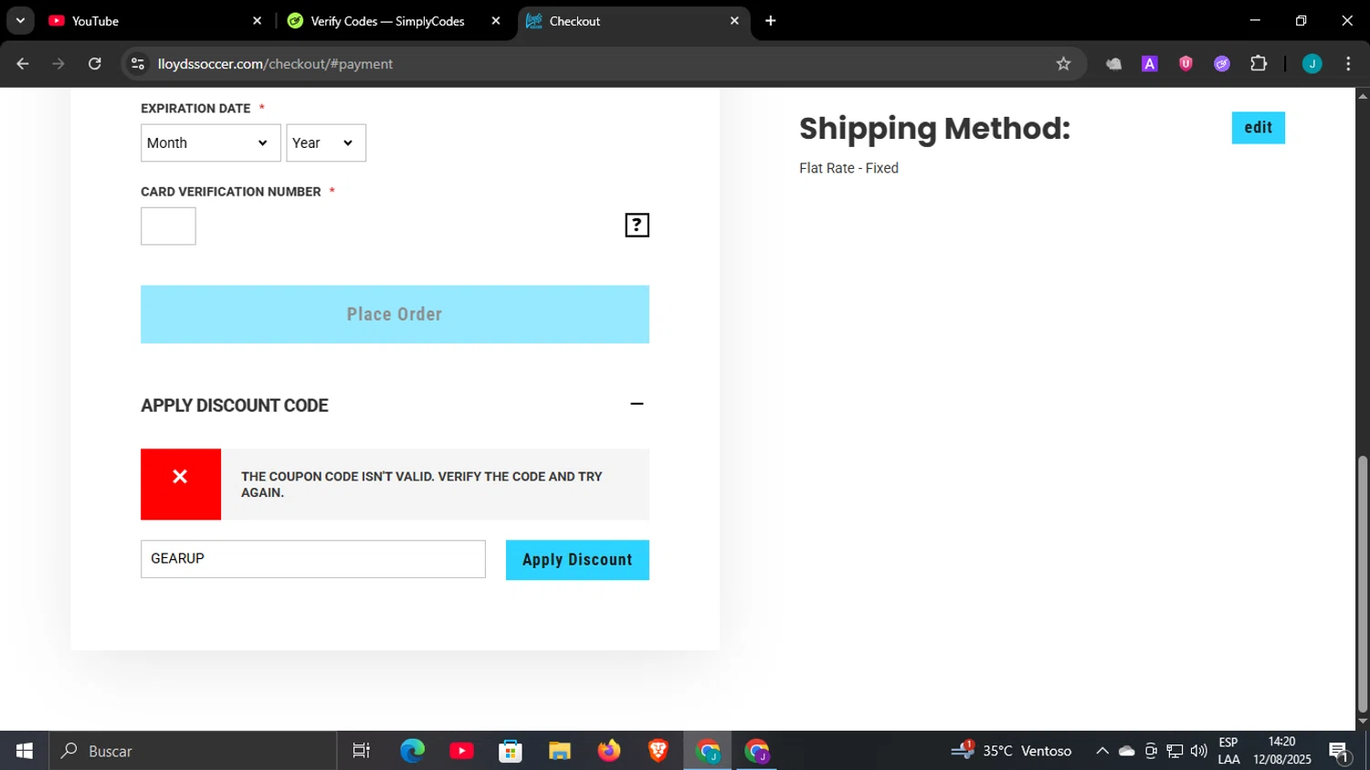 Lloyds Soccer Storefront promo code screenshot showing code GEARUP applied at Lloyds Soccer Storefront checkout page. Uploaded by SimplyCodes community member WonderCaptain6926 on Aug 12, 2025
