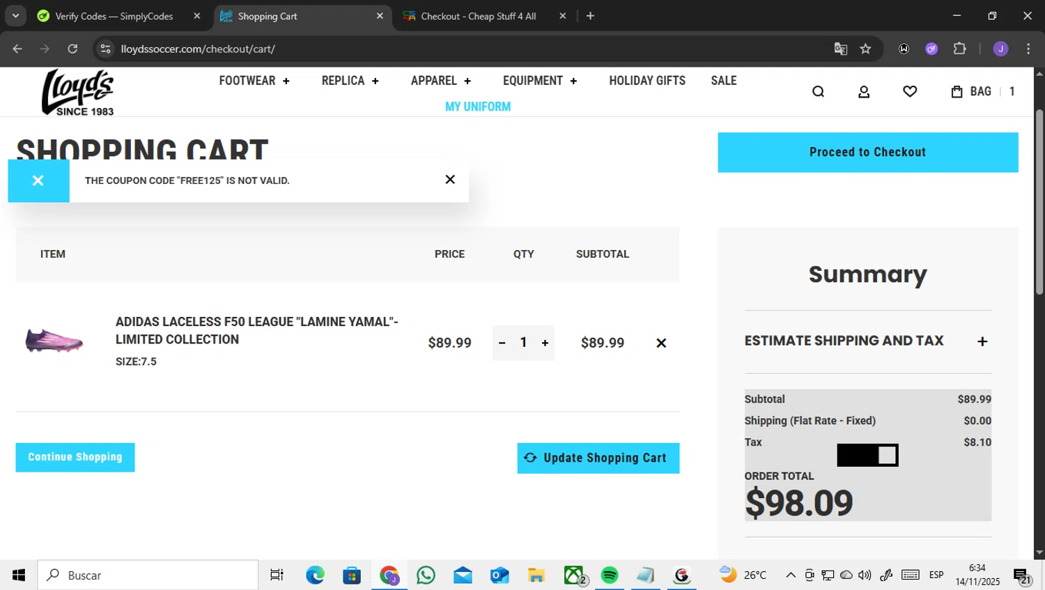 Lloyds Soccer Storefront promo code screenshot showing code FREE125 applied at Lloyds Soccer Storefront checkout page. Uploaded by SimplyCodes community member ENCARAMESSI on Nov 14, 2025