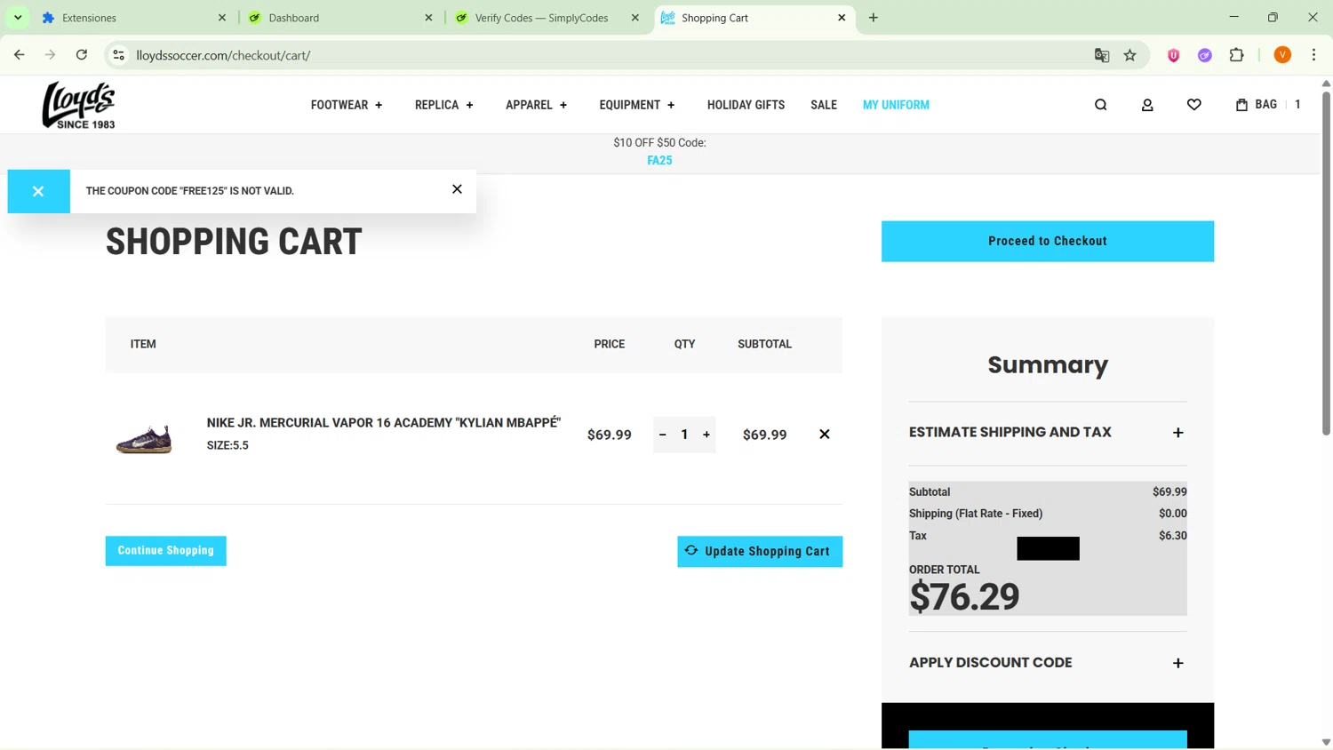 Lloyds Soccer Storefront promo code screenshot showing code FREE125 applied at Lloyds Soccer Storefront checkout page. Uploaded by SimplyCodes community member ExtraordinarySaver9637 on Nov 14, 2025