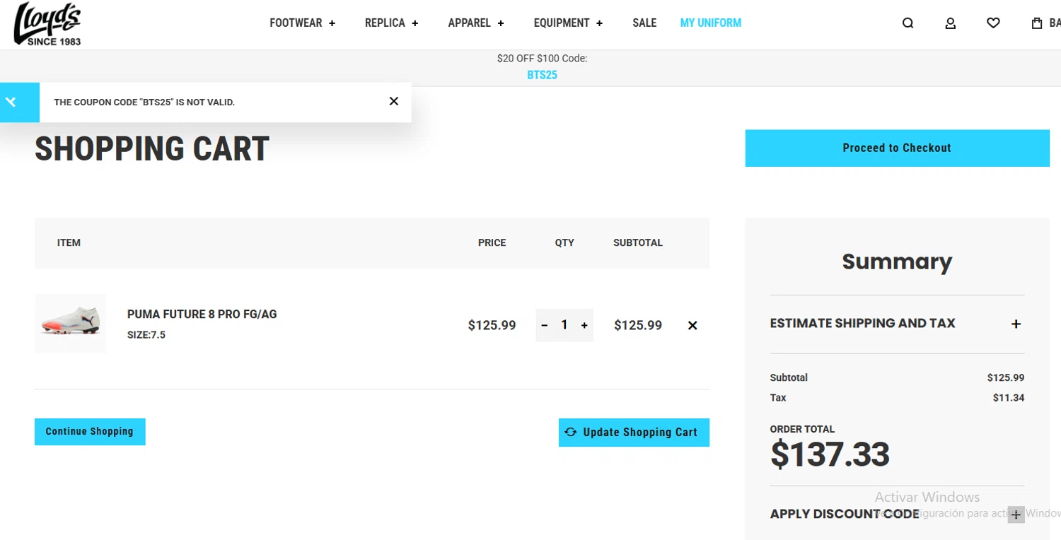 Lloyds Soccer Storefront promo code screenshot showing code BTS25 applied at Lloyds Soccer Storefront checkout page. Uploaded by SimplyCodes community member Gaby04 on Sep 3, 2025