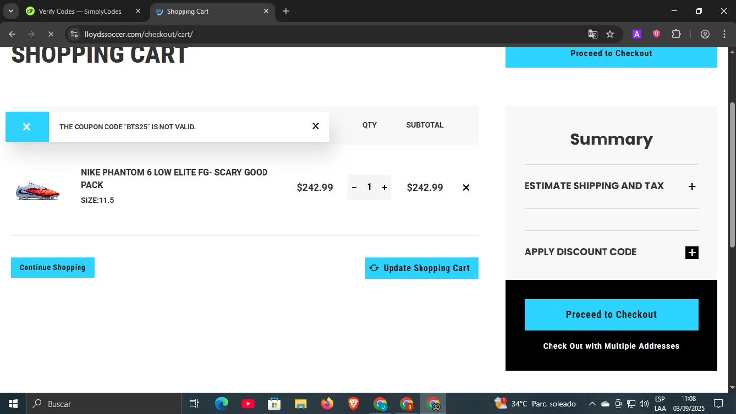 Lloyds Soccer Storefront promo code screenshot showing code BTS25 applied at Lloyds Soccer Storefront checkout page. Uploaded by SimplyCodes community member underwater on Sep 3, 2025