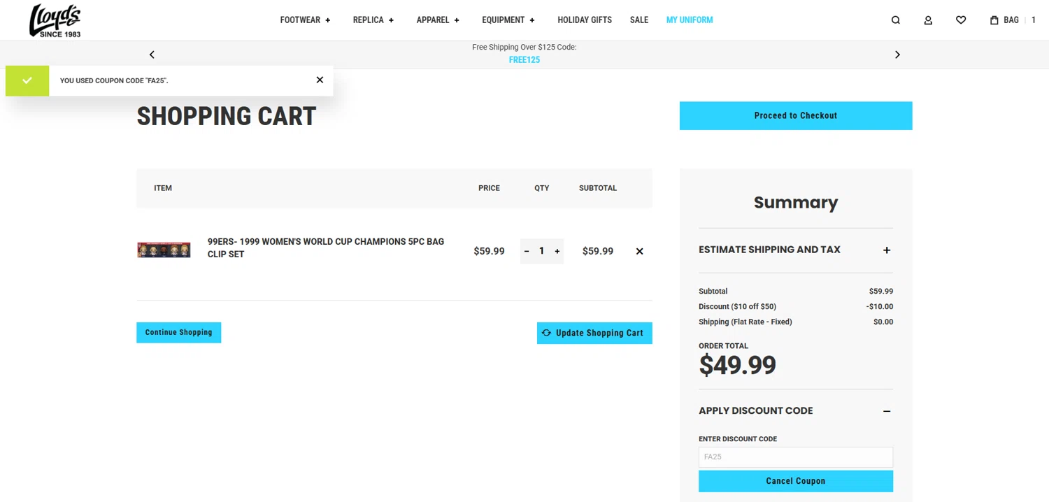 Lloyds Soccer Storefront promo code screenshot showing code FA25 applied at Lloyds Soccer Storefront checkout page. Uploaded by SimplyCodes community member Dorothy on Oct 25, 2025