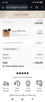 WELCOME15 coupon verification screenshot