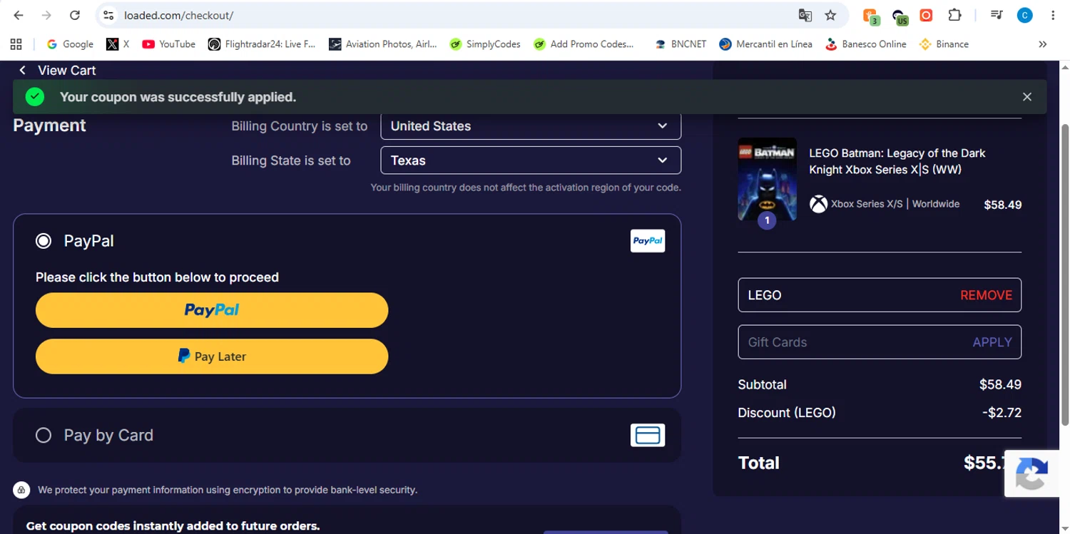 Loaded promo code screenshot showing code LEGO applied at Loaded checkout page. Uploaded by SimplyCodes community member victor on Jun 12, 2026