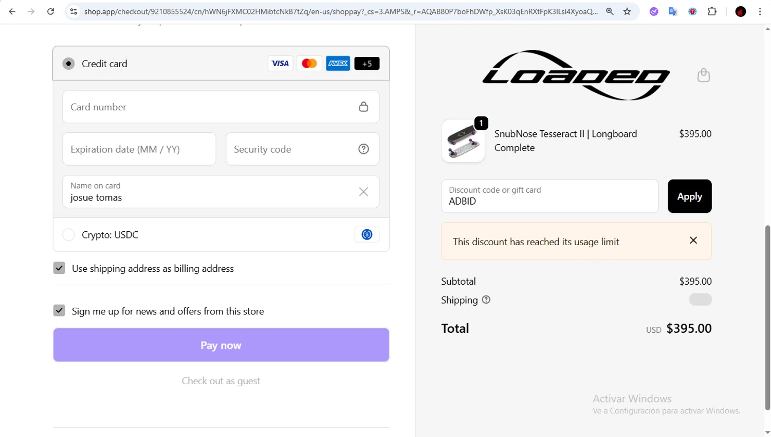 Loaded Boards promo code screenshot showing code ADBID applied at Loaded Boards checkout page. Uploaded by SimplyCodes community member Francisco01 on Dec 22, 2025