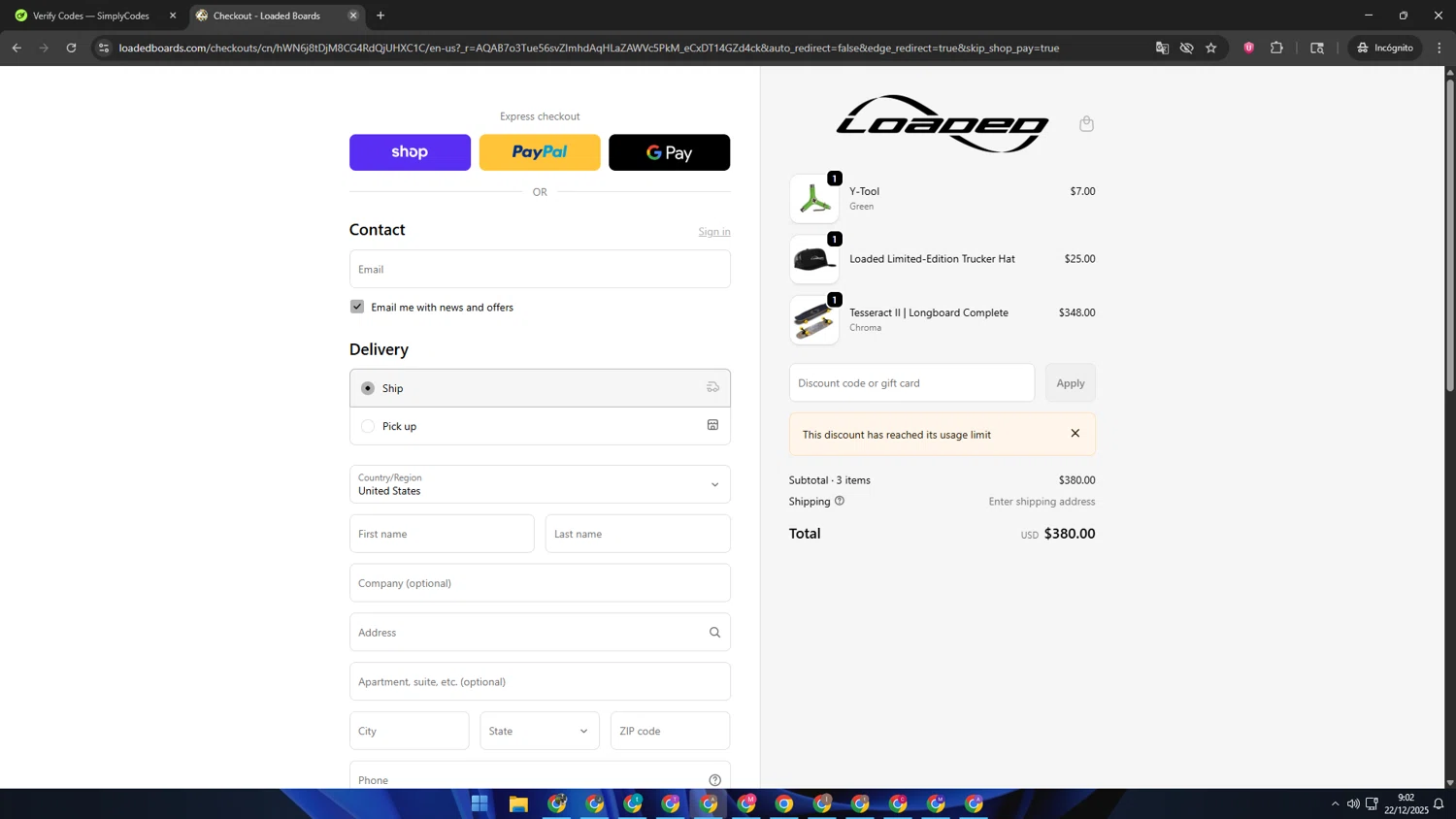 Loaded Boards promo code screenshot showing code ADBID applied at Loaded Boards checkout page. Uploaded by SimplyCodes community member SwiftSage2309 on Dec 22, 2025
