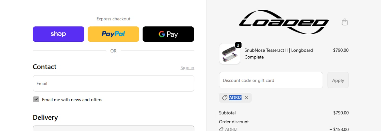 Loaded Boards promo code screenshot showing code ADBIZ applied at Loaded Boards checkout page. Uploaded by SimplyCodes community member ashe1986 on Dec 22, 2025