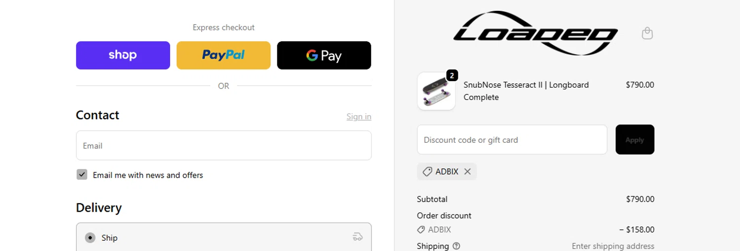 Loaded Boards promo code screenshot showing code ADBIx applied at Loaded Boards checkout page. Uploaded by SimplyCodes community member ashe1986 on Dec 22, 2025