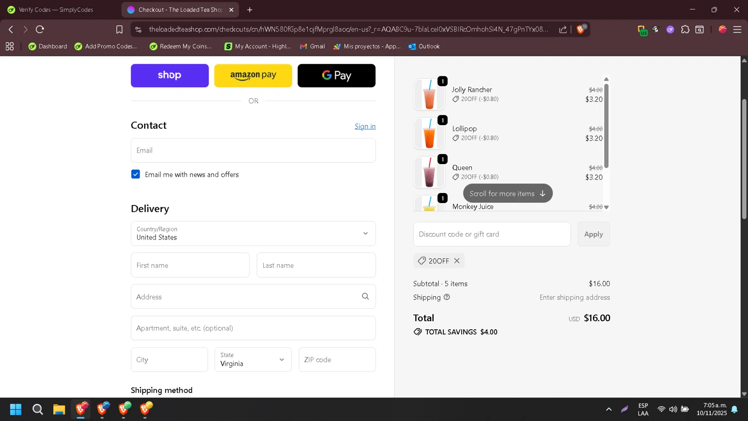 The Loaded Tea Shop promo code screenshot showing code 20OFF applied at The Loaded Tea Shop checkout page. Uploaded by SimplyCodes community member Wukong on Nov 10, 2025