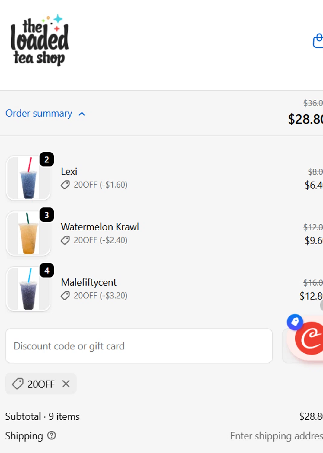 The Loaded Tea Shop promo code screenshot showing code 20OFF applied at The Loaded Tea Shop checkout page. Uploaded by SimplyCodes community member gerardlaya on Oct 12, 2025