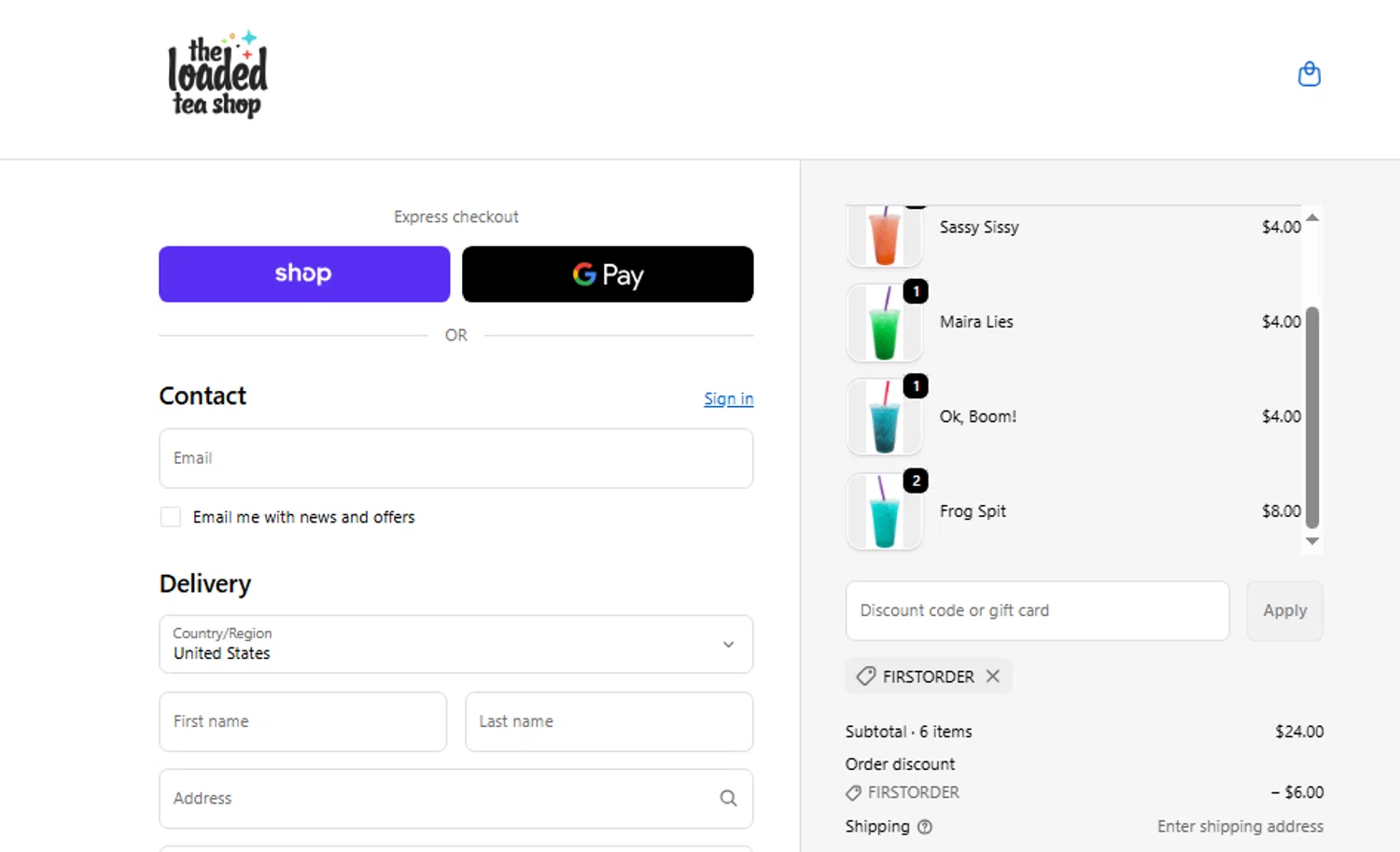 The Loaded Tea Shop promo code screenshot showing code FIRSTORDER applied at The Loaded Tea Shop checkout page. Uploaded by SimplyCodes community member Jhonny on Oct 23, 2025
