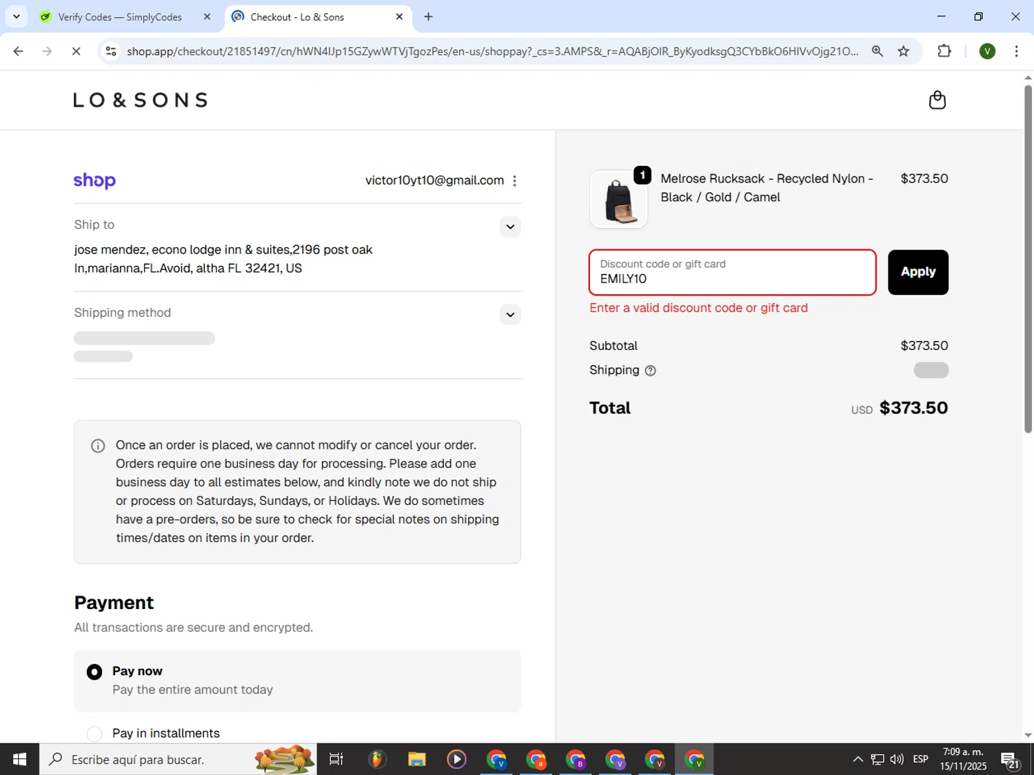 Lo & Sons coupon code screenshot showing code EMILY10 applied at Lo & Sons checkout page. Uploaded by SimplyCodes community member PrimeWizard4168 on Nov 15, 2025