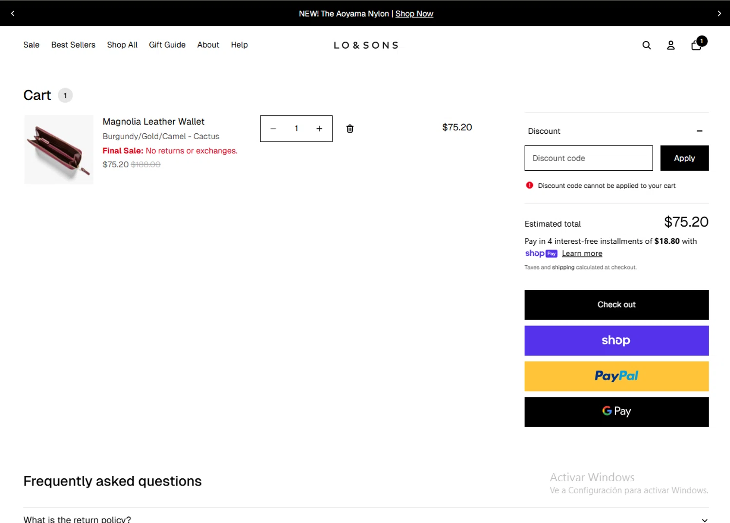 Lo & Sons coupon code screenshot showing code EMILY10 applied at Lo & Sons checkout page. Uploaded by SimplyCodes community member SavvySaver9108 on Nov 15, 2025