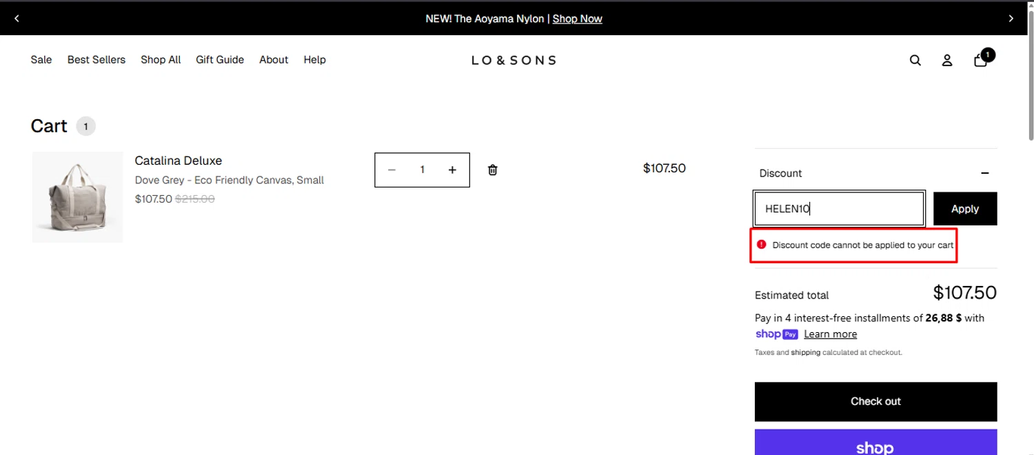 Lo & Sons coupon code screenshot showing code HELEN10 applied at Lo & Sons checkout page. Uploaded by SimplyCodes community member noworries on Nov 15, 2025