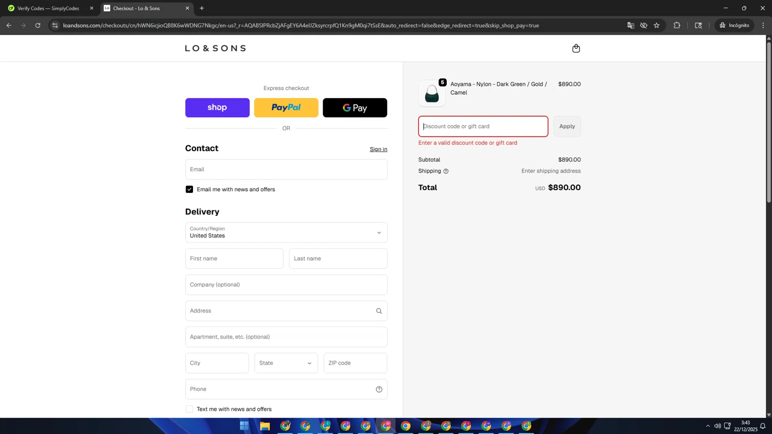 Lo & Sons coupon code screenshot showing code MARIA10 applied at Lo & Sons checkout page. Uploaded by SimplyCodes community member CBR600 on Dec 22, 2025