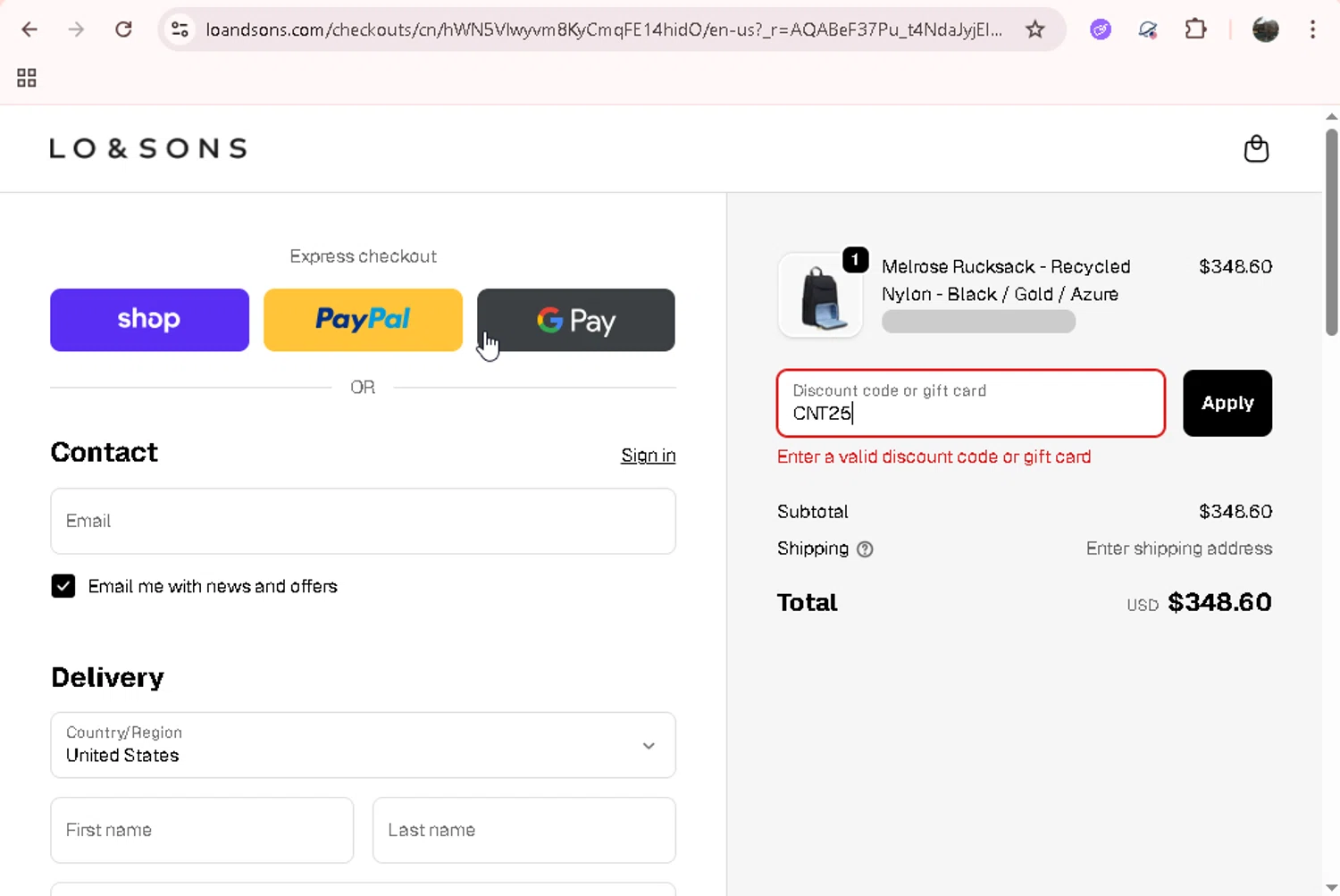 Lo & Sons coupon code screenshot showing code CNT25 applied at Lo & Sons checkout page. Uploaded by SimplyCodes community member onebullet on Nov 20, 2025