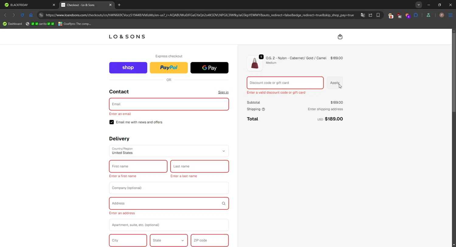 Lo & Sons coupon code screenshot showing code BLACKFRIDAY applied at Lo & Sons checkout page. Uploaded by SimplyCodes community member CrownPro3073 on Dec 6, 2025