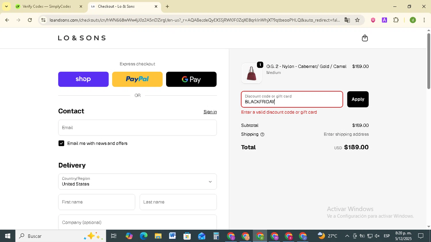Lo & Sons coupon code screenshot showing code BLACKFRIDAY applied at Lo & Sons checkout page. Uploaded by SimplyCodes community member SavingsSentinel833 on Dec 6, 2025