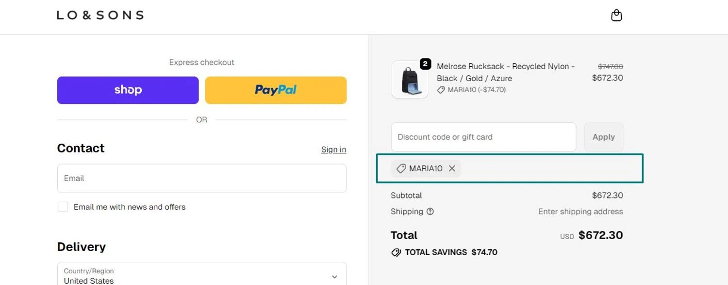 Lo & Sons coupon code screenshot showing code MARIA10 applied at Lo & Sons checkout page. Uploaded by SimplyCodes community member alexanderjose on Nov 6, 2025