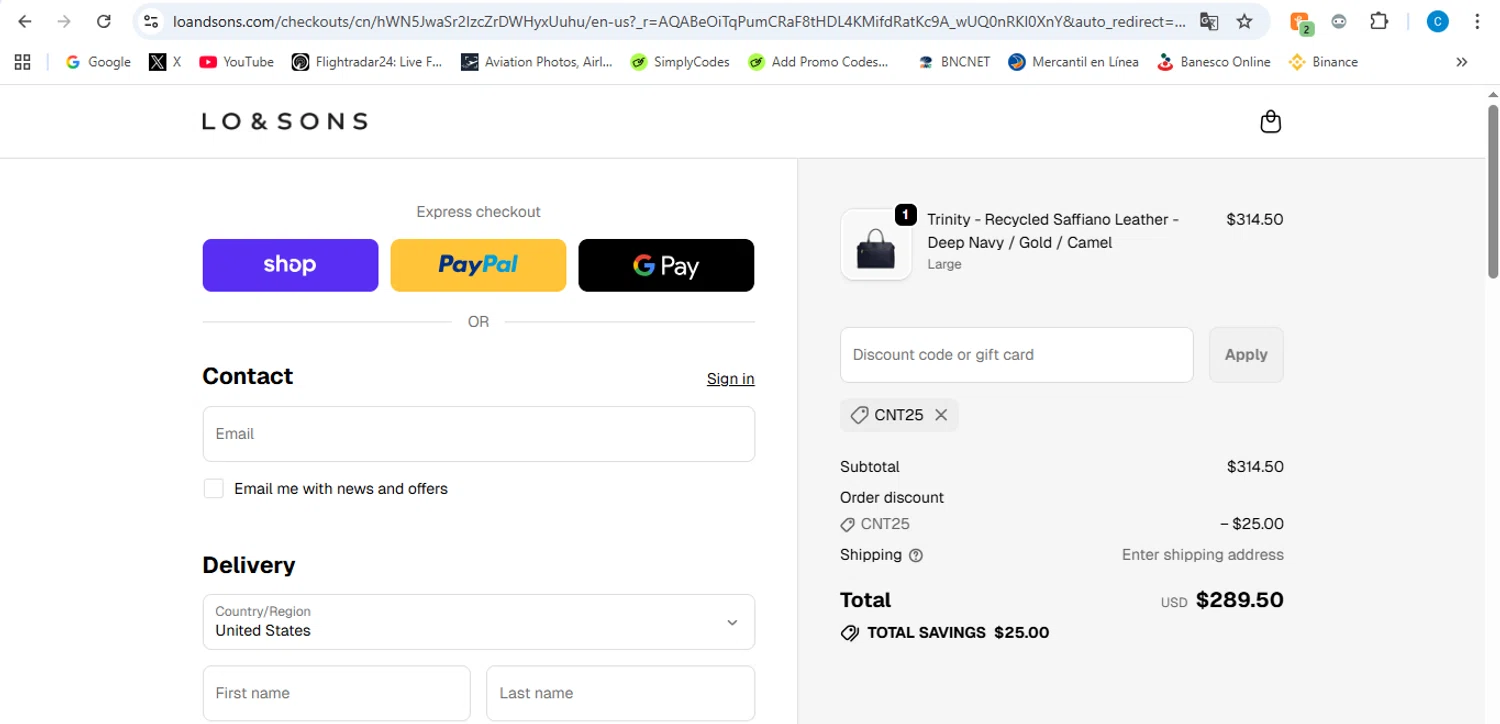 Lo & Sons coupon code screenshot showing code CNT25 applied at Lo & Sons checkout page. Uploaded by SimplyCodes community member victor on Nov 15, 2025