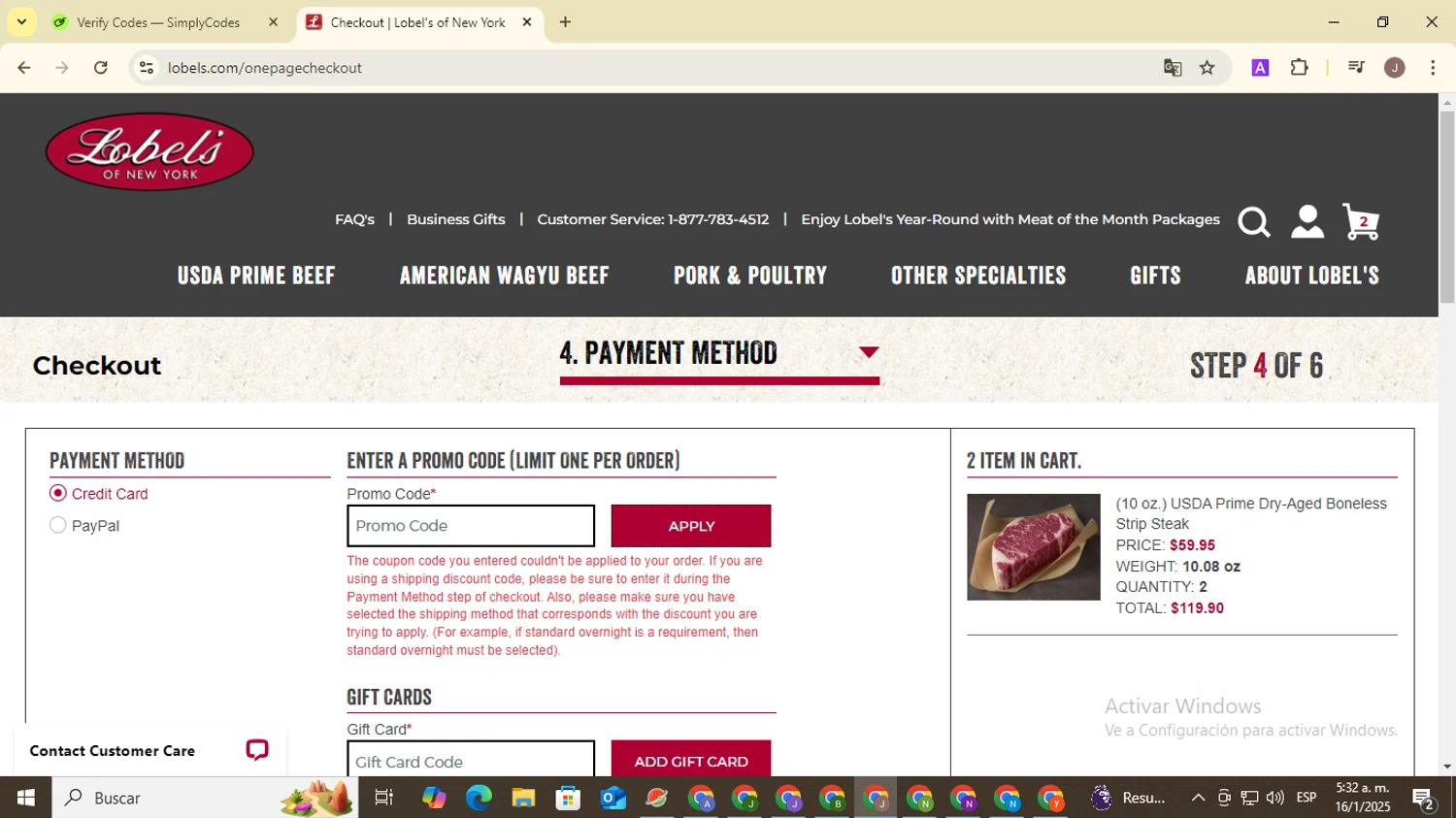 Lobe'ls promo code screenshot showing code LASTCHANCE applied at Lobe'ls checkout page. Uploaded by SimplyCodes community member ValiantHero2365 on Jan 16, 2025