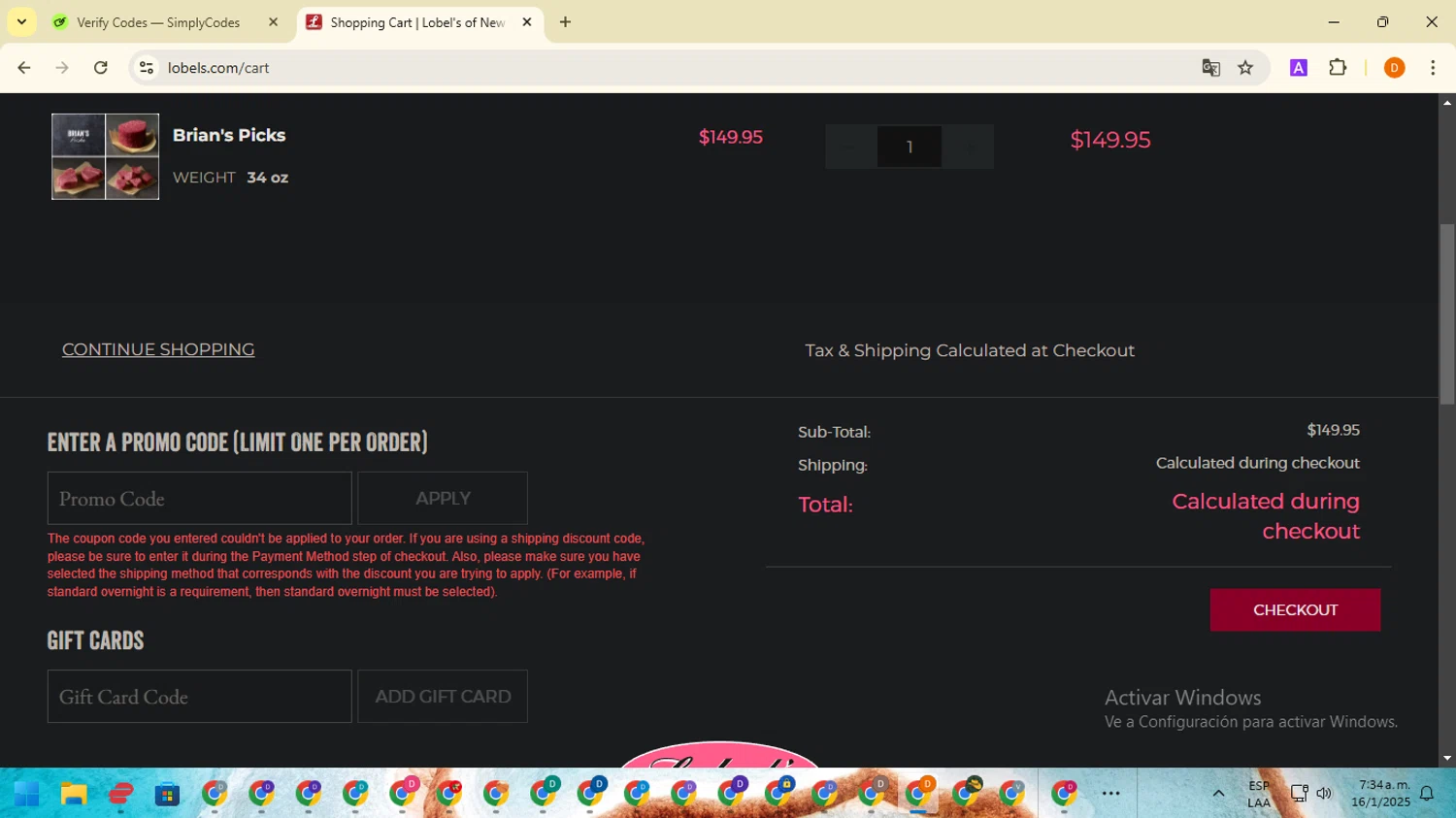 Lobe'ls promo code screenshot showing code LASTCHANCE applied at Lobe'ls checkout page. Uploaded by SimplyCodes community member SavingsMaverick3203 on Jan 16, 2025