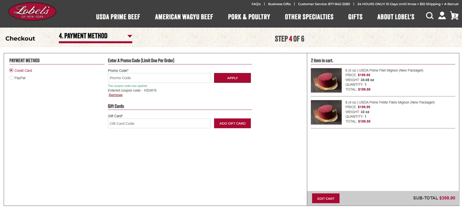 Lobe'ls promo code screenshot showing code 10DAYS applied at Lobe'ls checkout page. Uploaded by SimplyCodes community member fettywap on Dec 15, 2025