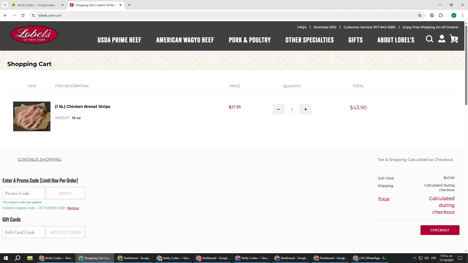 Lobe'ls checkout page showing Lobe'ls promo code box | Screenshot taken by SimplyCodes community member on Oct 17, 2025