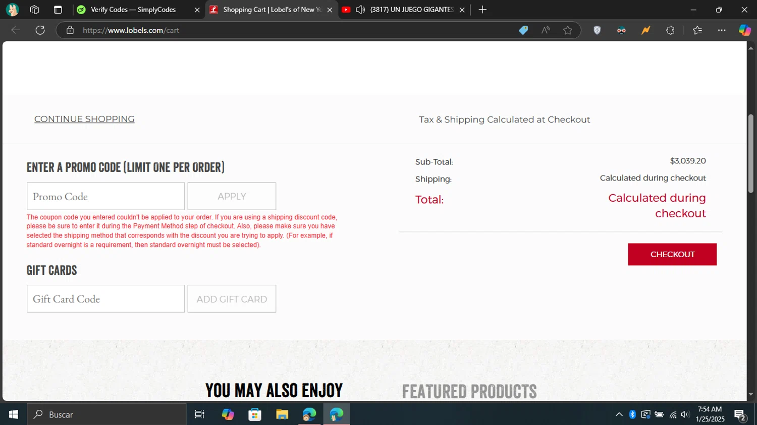 Lobe'ls promo code screenshot showing code NYEFILET applied at Lobe'ls checkout page. Uploaded by SimplyCodes community member Don_Quixote on Jan 25, 2025