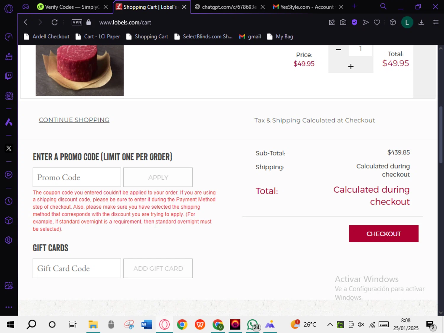 Lobe'ls promo code screenshot showing code NYEFILET applied at Lobe'ls checkout page. Uploaded by SimplyCodes community member DiscountTiger7720 on Jan 25, 2025