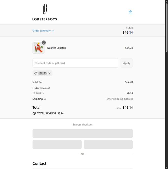 Lobster Boys checkout page showing Lobster Boys promo code box | Screenshot taken by SimplyCodes community member on Sep 5, 2025