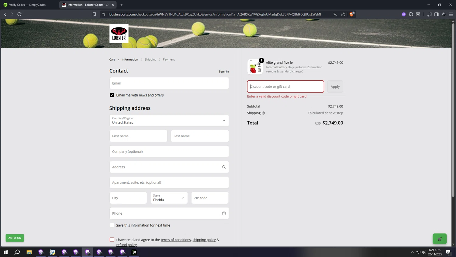 Lobster Sports discount code screenshot showing code welcome5 applied at Lobster Sports checkout page. Uploaded by SimplyCodes community member gggggggggggggggggggggg on Nov 20, 2025