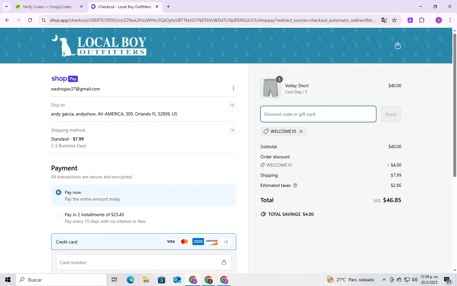 Local Boy Outfitters discount code screenshot showing code WELCOME10 applied at Local Boy Outfitters checkout page. Uploaded by SimplyCodes community member CodeMaverick246 on Mar 20, 2025