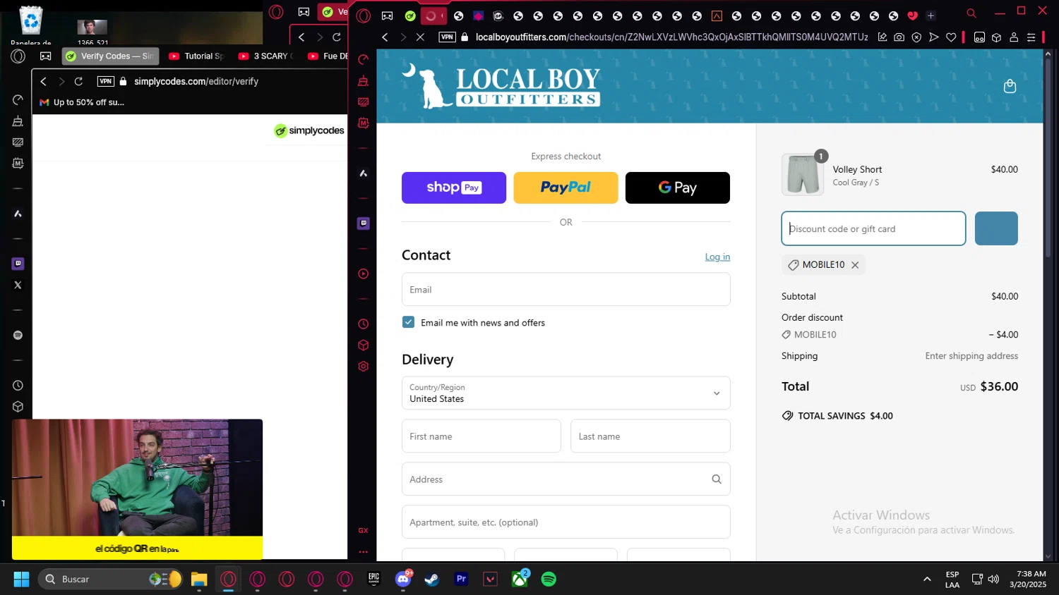 Local Boy Outfitters discount code screenshot showing code MOBILE10 applied at Local Boy Outfitters checkout page. Uploaded by SimplyCodes community member Billyyou on Mar 20, 2025