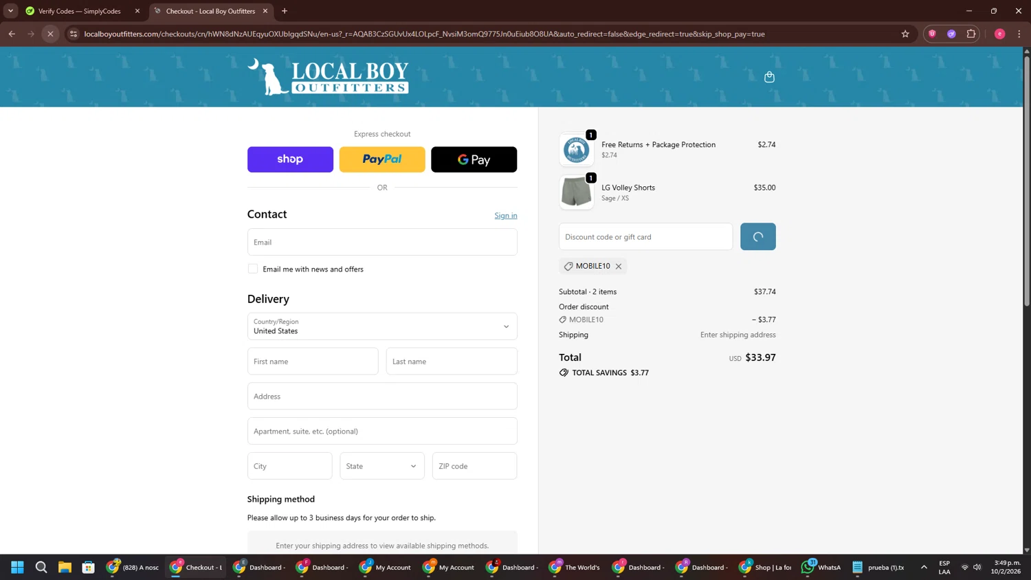 Local Boy Outfitters discount code screenshot showing code MOBILE10 applied at Local Boy Outfitters checkout page. Uploaded by SimplyCodes community member TreasureWarden457 on Feb 10, 2026