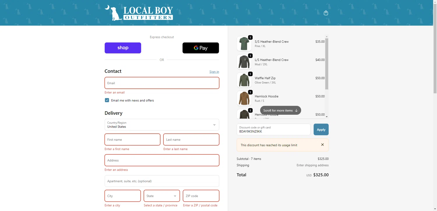 Local Boy Outfitters discount code screenshot showing code BDAY9K5NZ9KK applied at Local Boy Outfitters checkout page. Uploaded by SimplyCodes community member PromoSeeker7158 on Oct 1, 2025