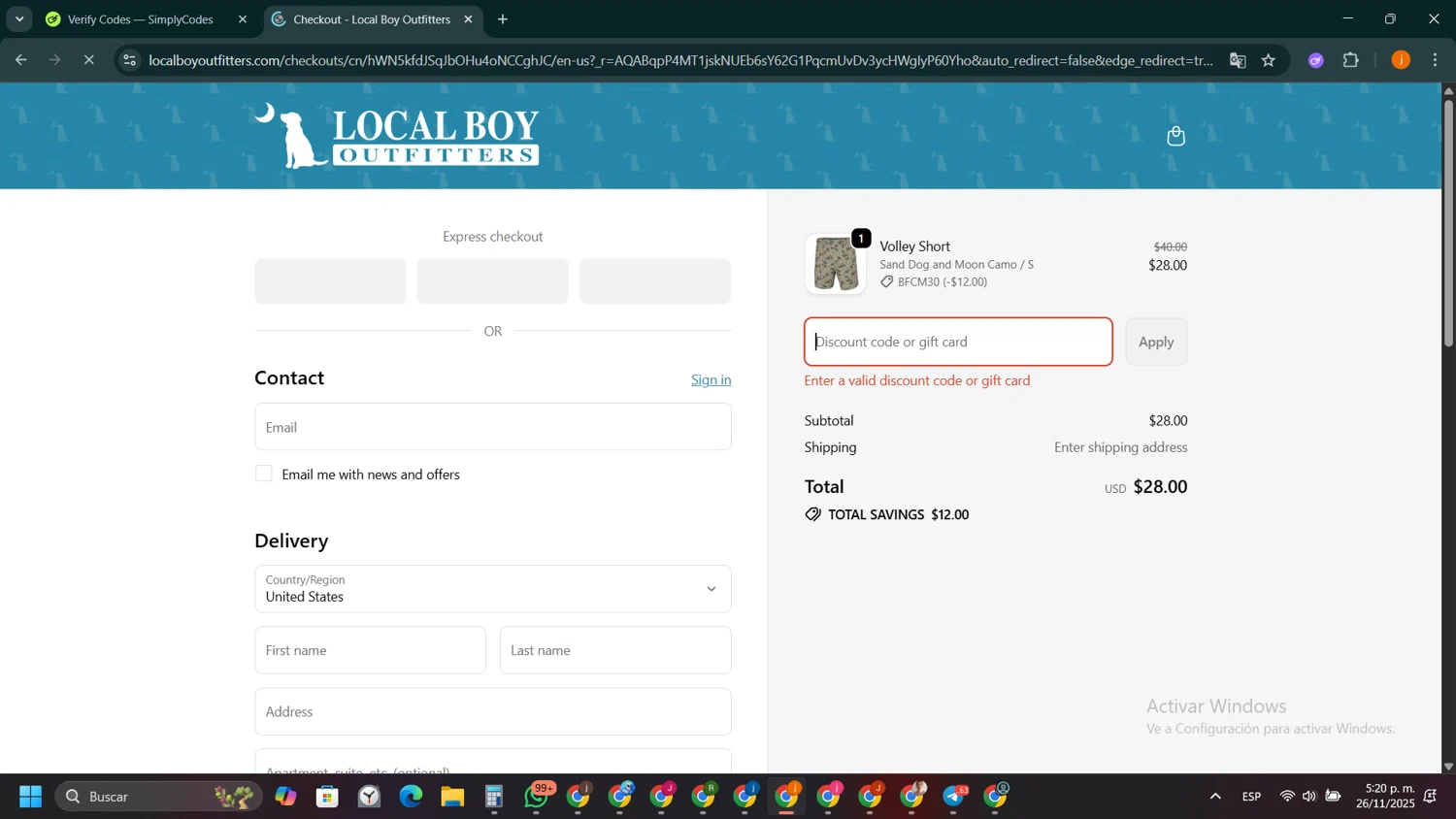 Local Boy Outfitters discount code screenshot showing code LBO35 applied at Local Boy Outfitters checkout page. Uploaded by SimplyCodes community member SilverSentinel5952 on Nov 26, 2025