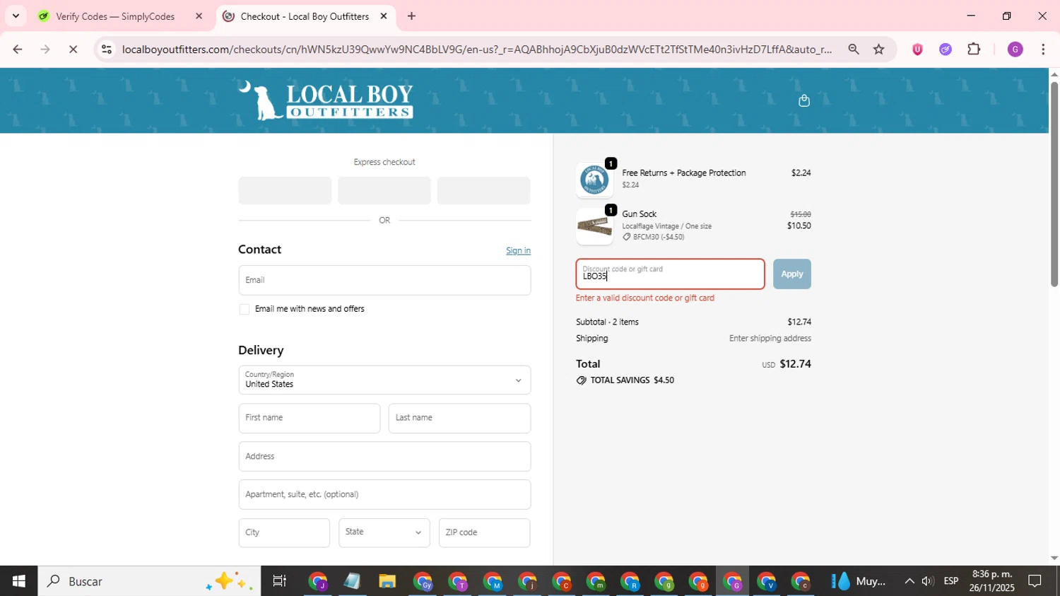 Local Boy Outfitters discount code screenshot showing code LBO35 applied at Local Boy Outfitters checkout page. Uploaded by SimplyCodes community member ValuePilot6849 on Nov 27, 2025