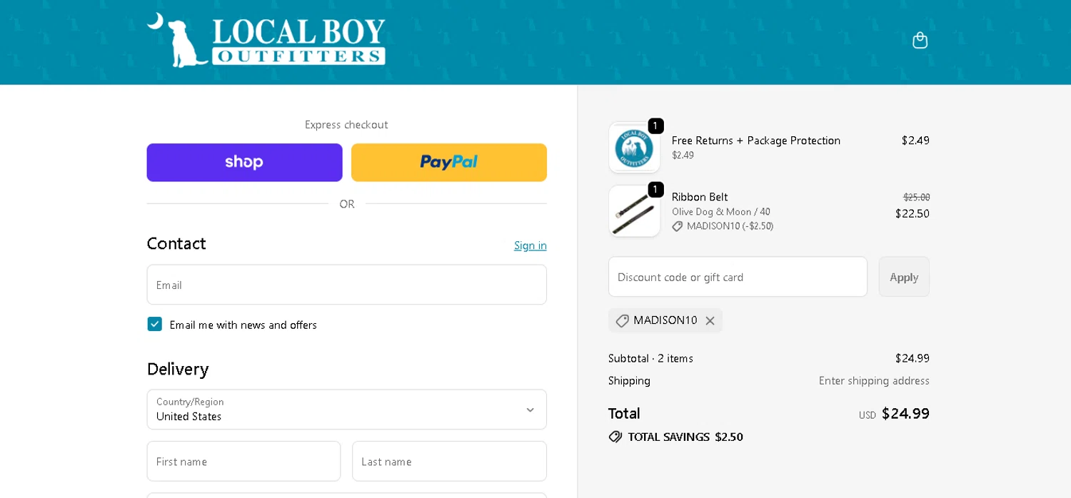 Local Boy Outfitters discount code screenshot showing code MADISON10 applied at Local Boy Outfitters checkout page. Uploaded by SimplyCodes community member goldhooh on Jan 31, 2026
