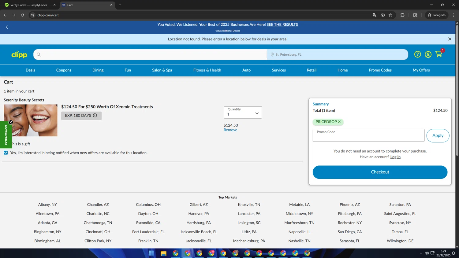Clipp.com promo code screenshot showing code PRICEDROP applied at Clipp.com checkout page. Uploaded by SimplyCodes community member ShrewdSleuth9497 on Dec 23, 2025