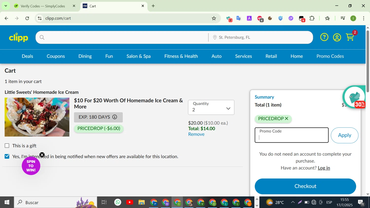 Clipp.com promo code screenshot showing code PRICEDROP applied at Clipp.com checkout page. Uploaded by SimplyCodes community member WonderHunter255 on Jul 17, 2025