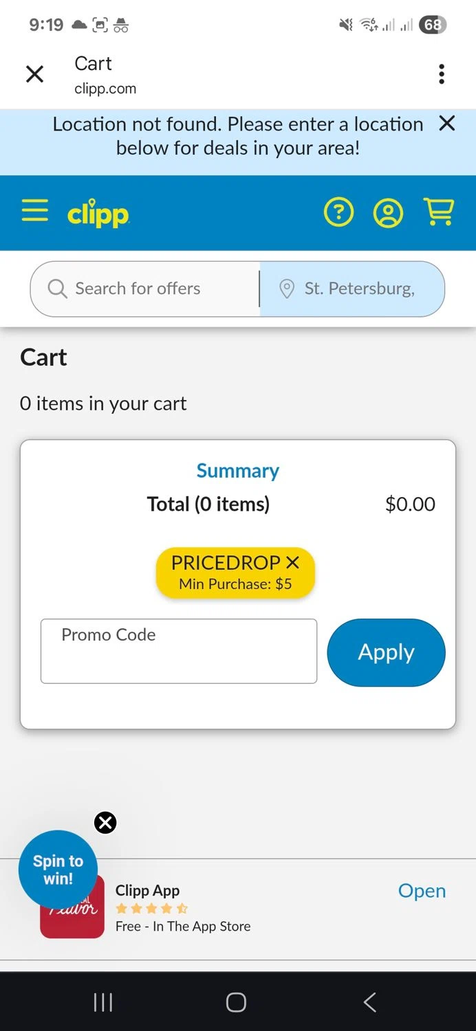 Clipp.com promo code screenshot showing code PRICEDROP applied at Clipp.com checkout page. Uploaded by SimplyCodes community member ronyacosta on Jul 29, 2025
