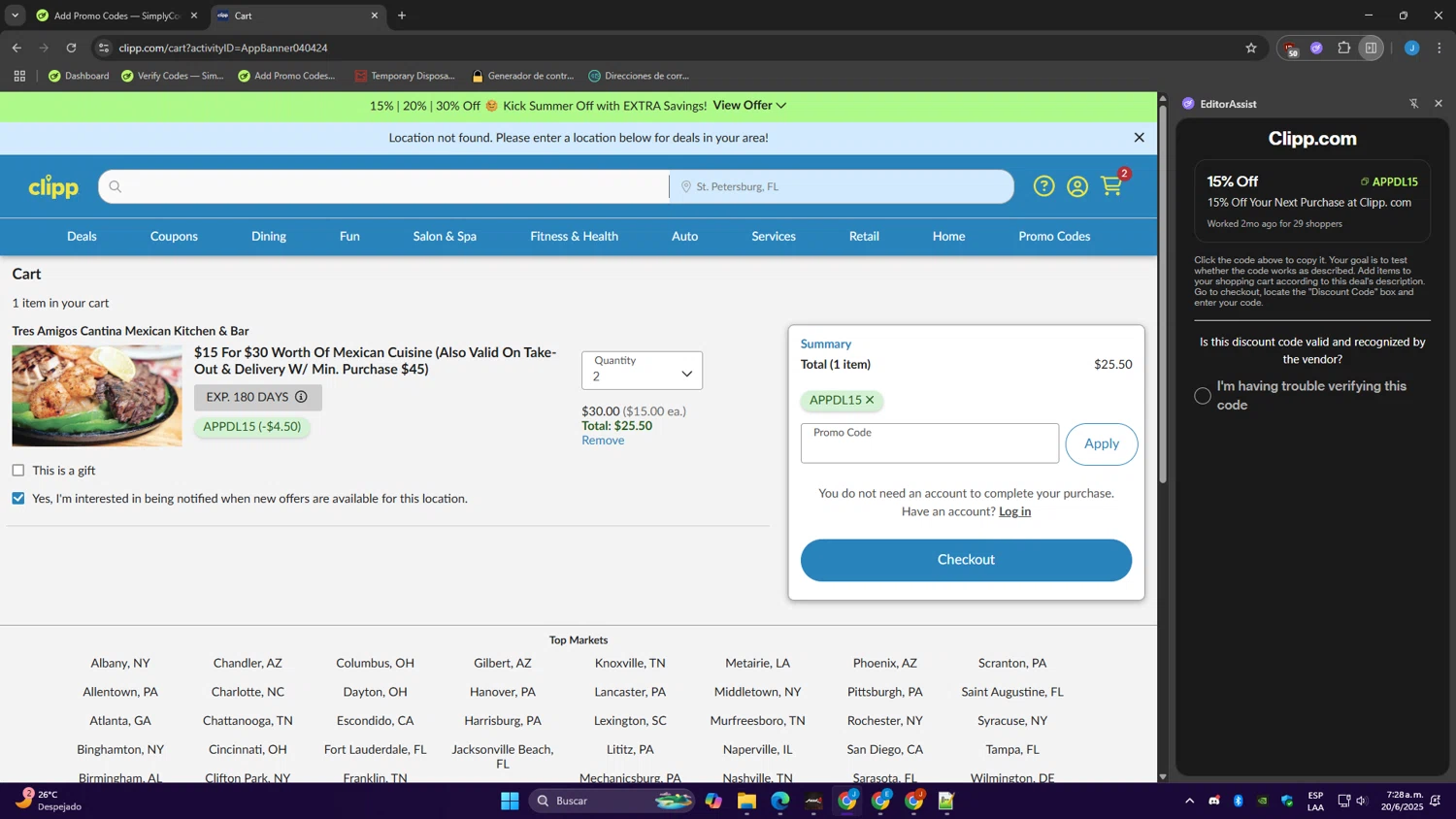Clipp.com promo code screenshot showing code APPDL15 applied at Clipp.com checkout page. Uploaded by SimplyCodes community member CoinVirtuoso9916 on Jun 20, 2025
