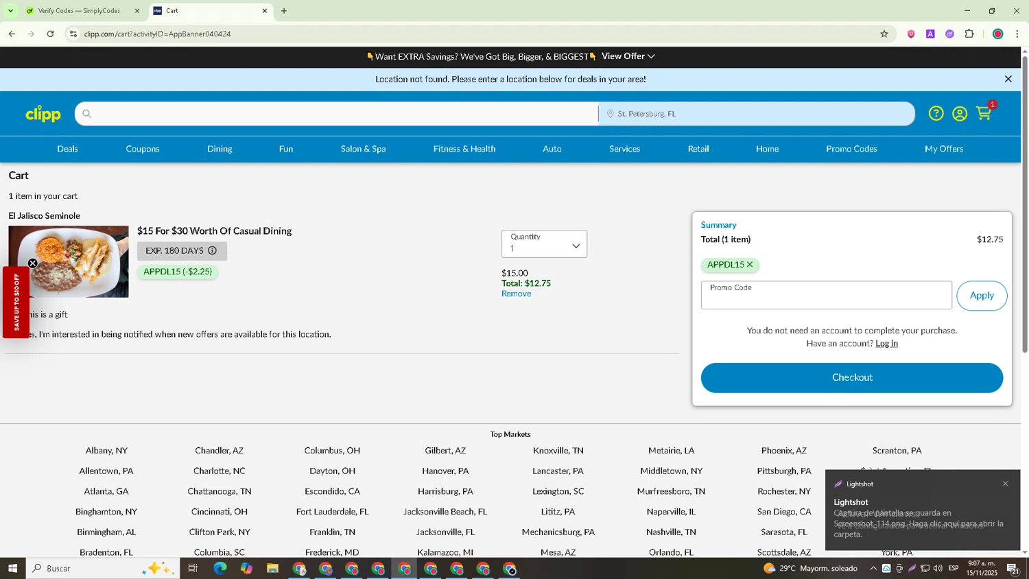 Clipp.com promo code screenshot showing code APPDL15 applied at Clipp.com checkout page. Uploaded by SimplyCodes community member Richard_Miller on Nov 15, 2025