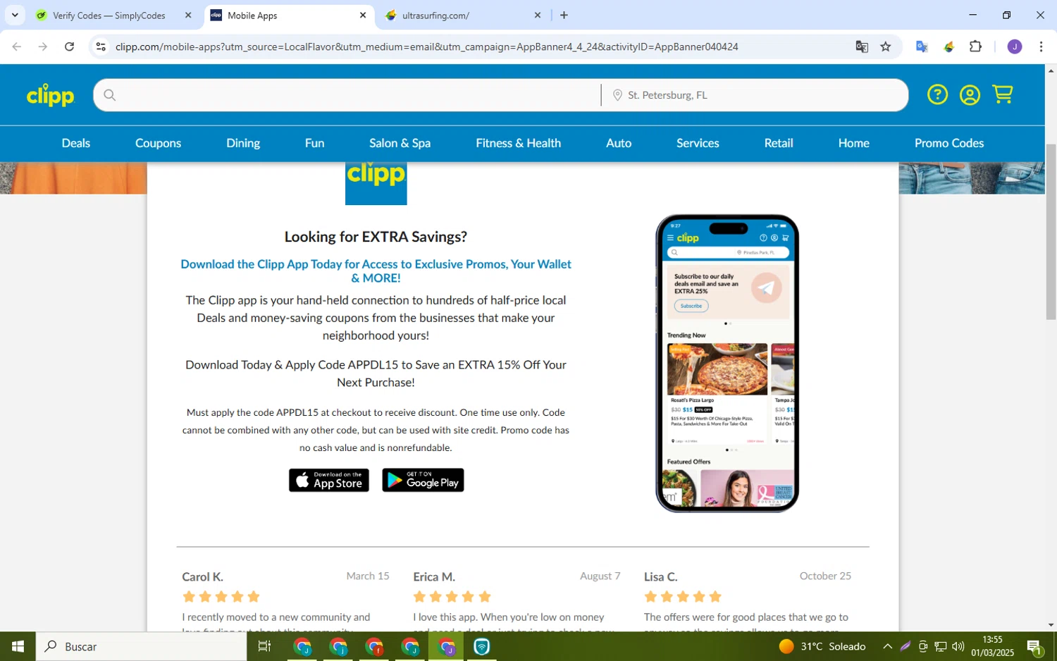 Clipp.com promo code screenshot showing code APPDL15 applied at Clipp.com checkout page. Uploaded by SimplyCodes community member MoneyPro9023 on Mar 1, 2025