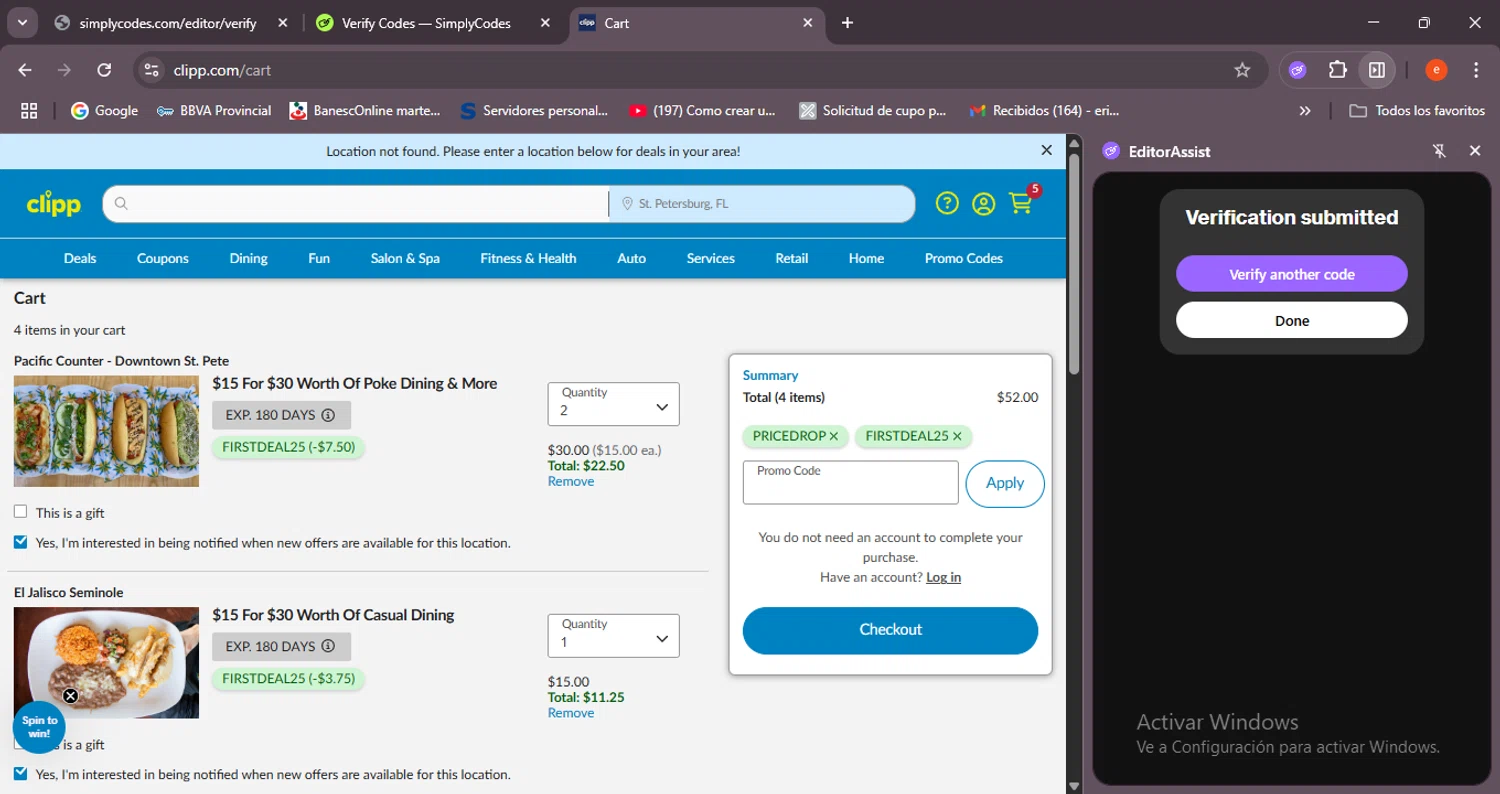 Clipp.com promo code screenshot showing code FIRSTDEAL25 applied at Clipp.com checkout page. Uploaded by SimplyCodes community member BrilliantSleuth7740 on Jun 26, 2025