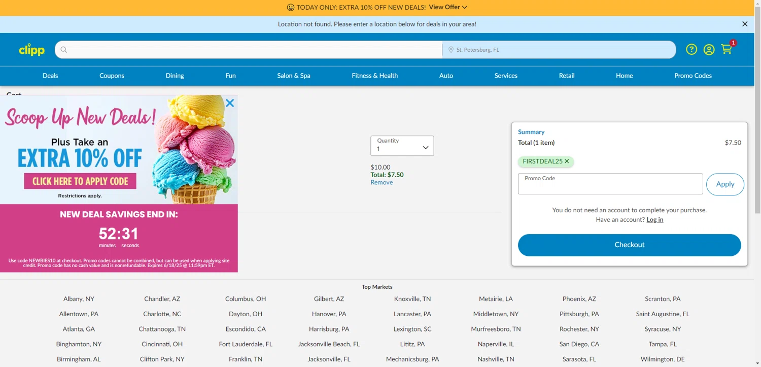 Clipp.com promo code screenshot showing code FIRSTDEAL25 applied at Clipp.com checkout page. Uploaded by SimplyCodes community member TreasureKnight4134 on Jun 19, 2025