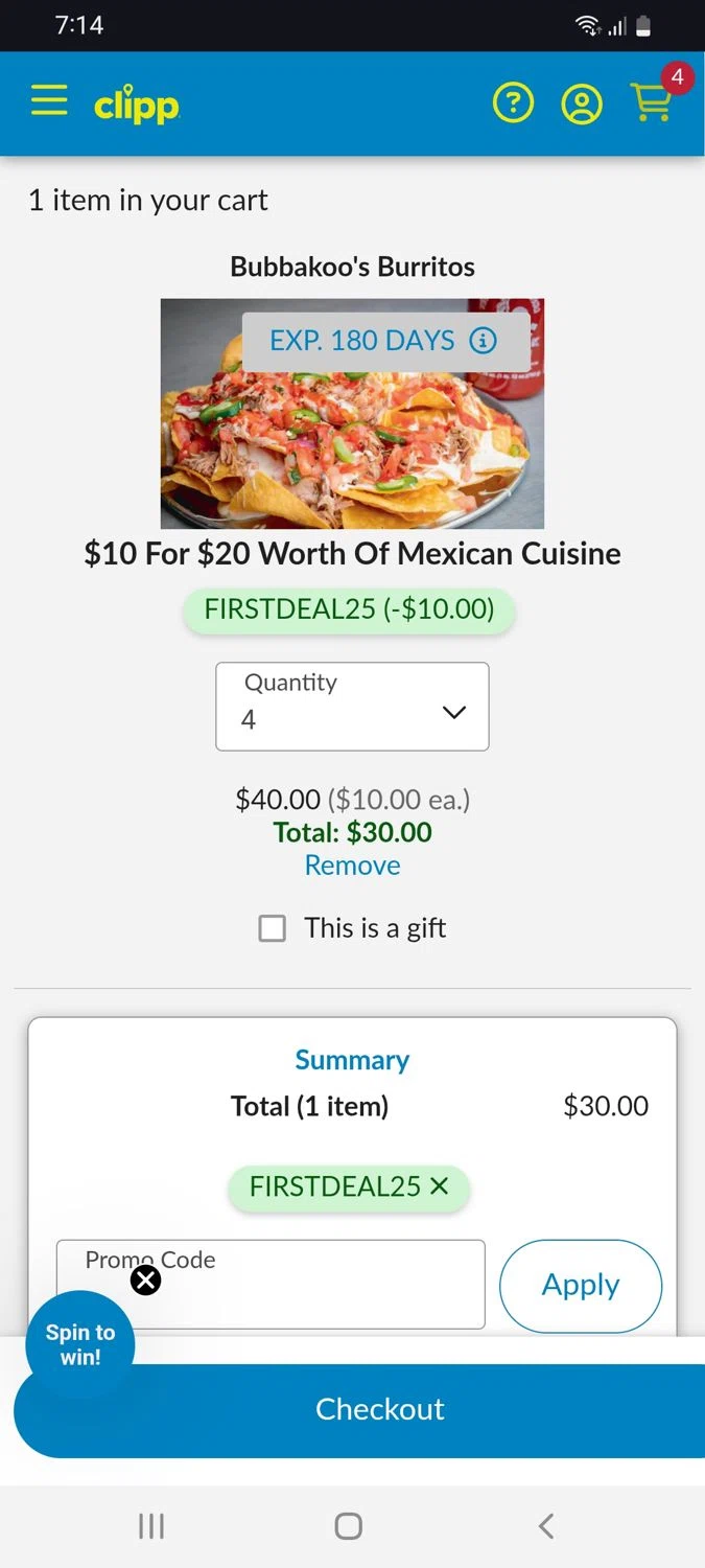 Clipp.com promo code screenshot showing code FIRSTDEAL25 applied at Clipp.com checkout page. Uploaded by SimplyCodes community member tulioriera on Sep 3, 2025